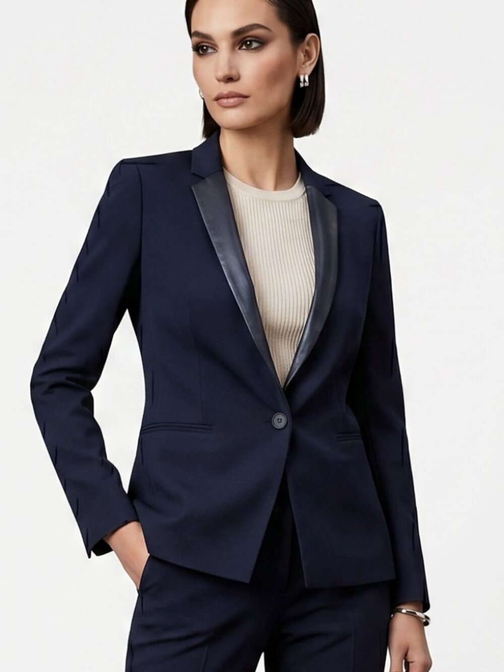 The Kooples Navy Blazer with Black Leather Trim – Size 36 / Small – NWOT